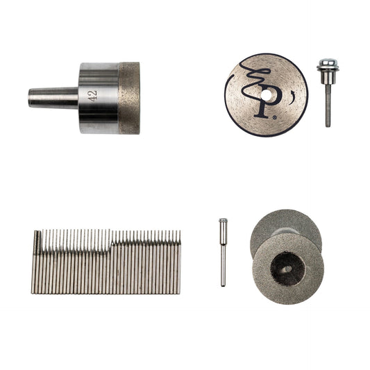 Tile cutting must-have: diamond disc, grinding wheel, burr set and Ø42 mm hole saw for socket installation