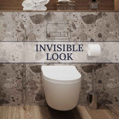 Minimalist bathroom with hidden toilet flush button seamlessly integrated into wall design.